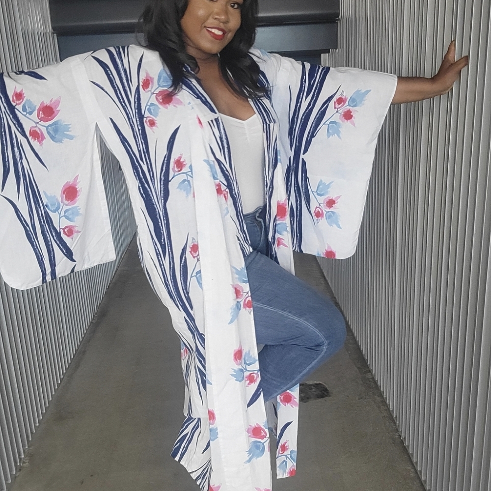 Vintage Kimono with Blue and Pink Accents